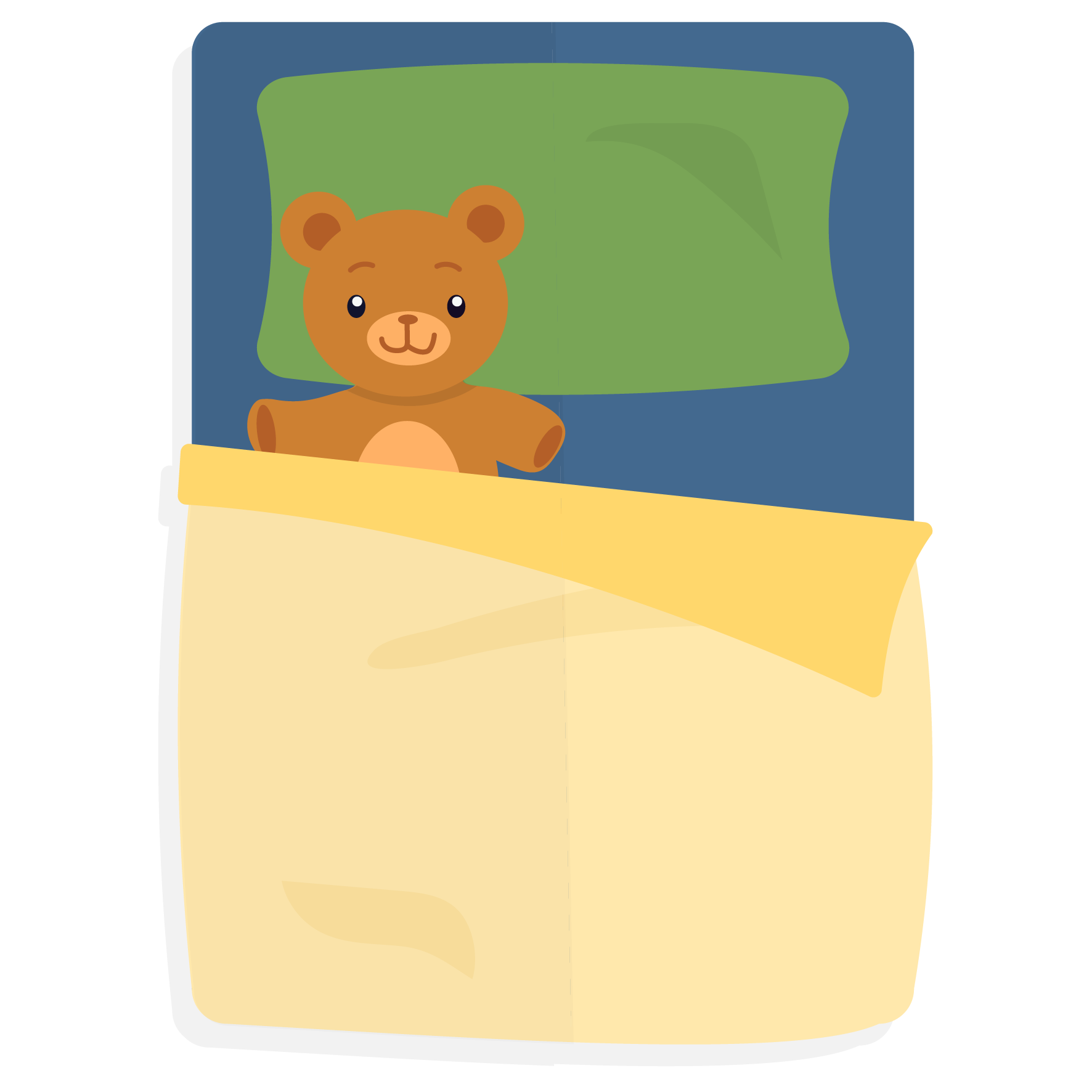 teddy bear in a bed with a pillow and blankets